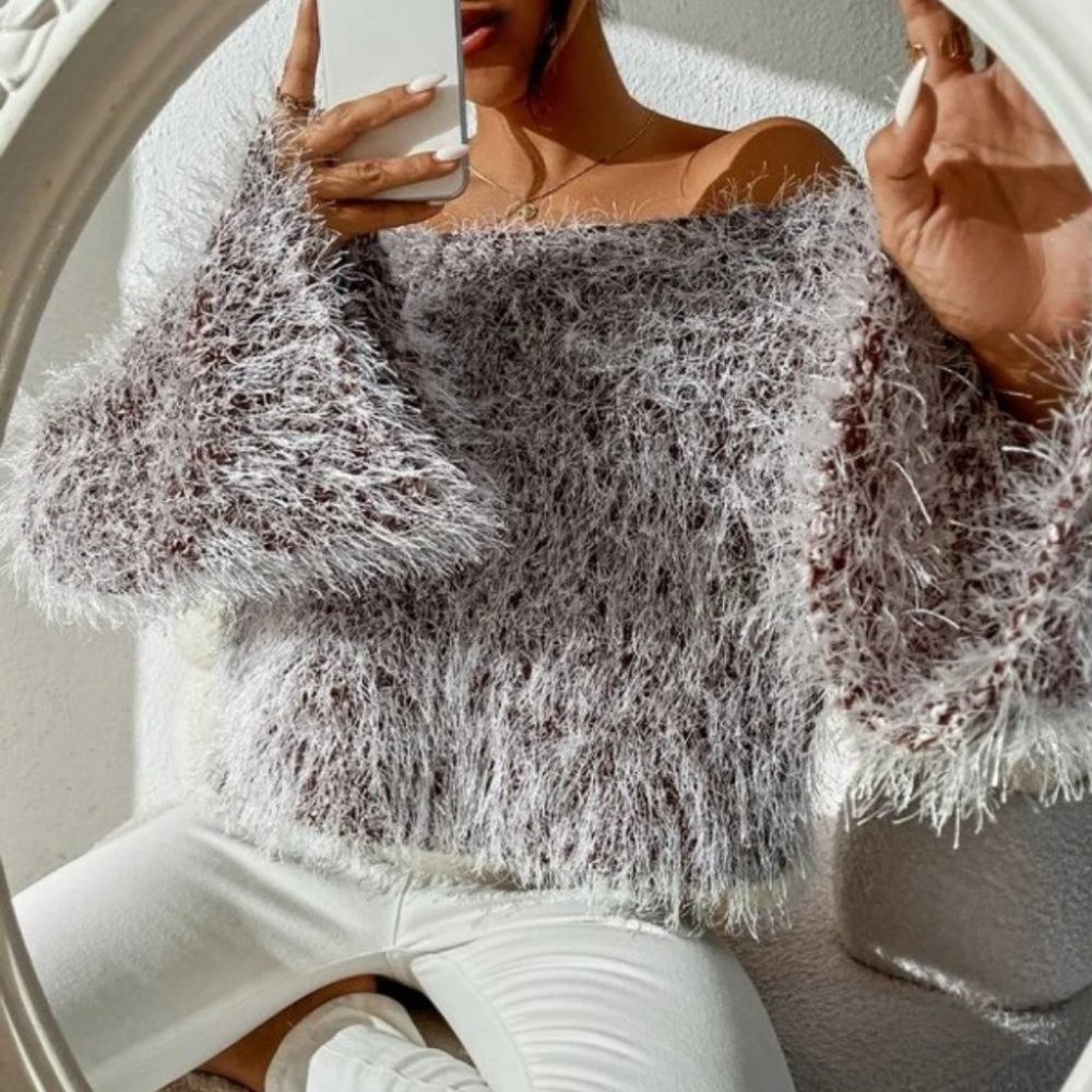 fluffy knit Off Shoulder Trumpet Sleeve Sweater Top Brown - Picture 4 of 9